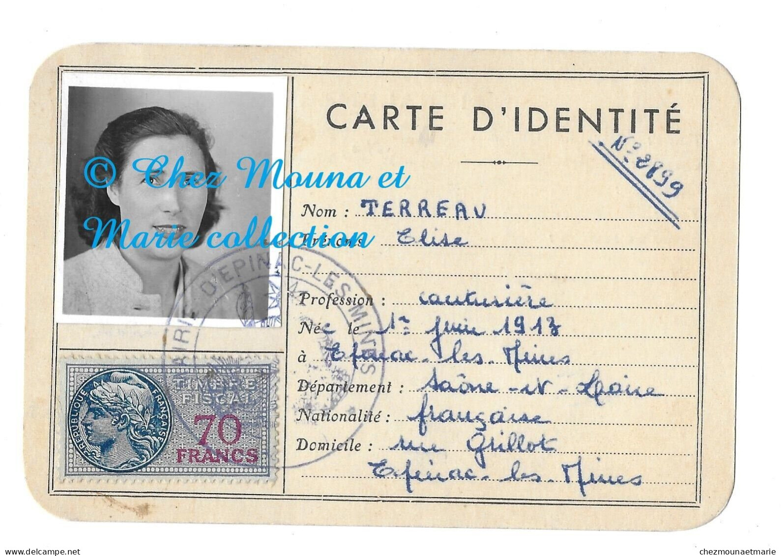 CARTE D IDENTITE 1953 TERREAU ELISE COUTURIERE NEE 1913 EPINAC LES MINES - Documents Historiques