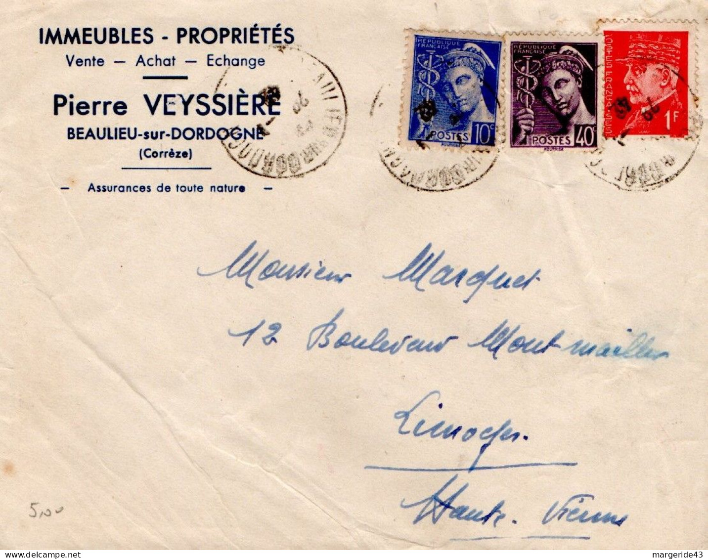 AFFRANCHISSEMENT COMPOSE SUR LETTRE A EN TETE DE BEAULIEUNSUR DORDOGNE CORREZE 1942 - Postal Rates