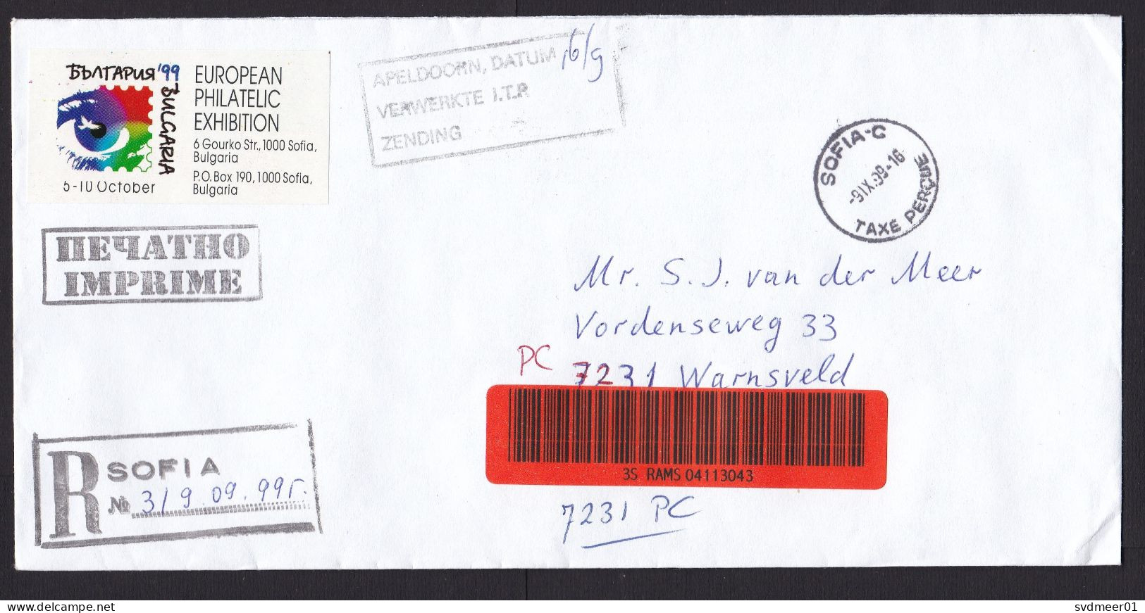 Bulgaria: Registered Cover To Netherlands, 1999, Postage Paid, Uncommon Dutch Postal Cancel Processed (traces Of Use) - Lettres & Documents