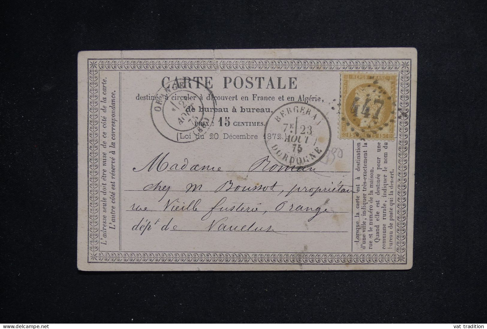 FRANCE - Carte Précurseur De Bergerac Pour Orange En 1875 - L 150453 - Precursor Cards