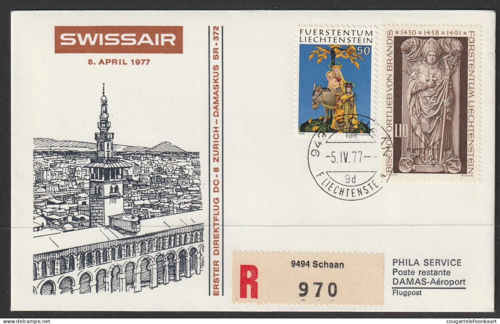 1977, Swissair, Erstflug, Liechtenstein - Damas Syria - Luchtpostzegels