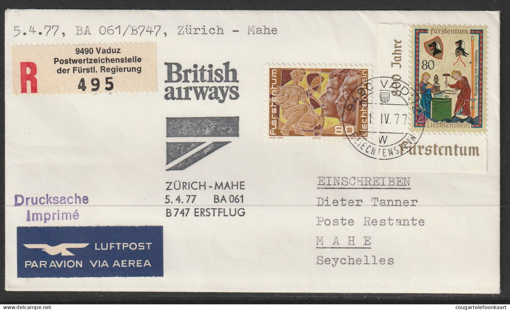 1977, British Airways, Erstflug, Liechtenstein - Mahe Seychelles - Luchtpostzegels