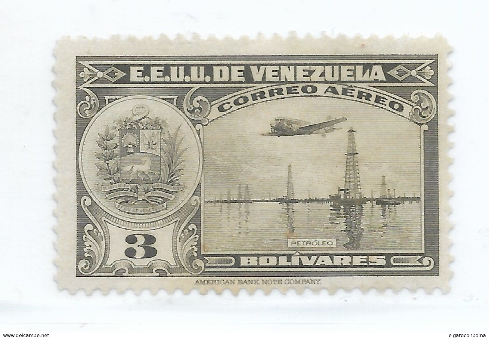 VENEZUELA 1938 OIL WELLS AIRPLANE COAT 3 B GRAY MINT HINGED SCOTT C109 MI 280 - Venezuela