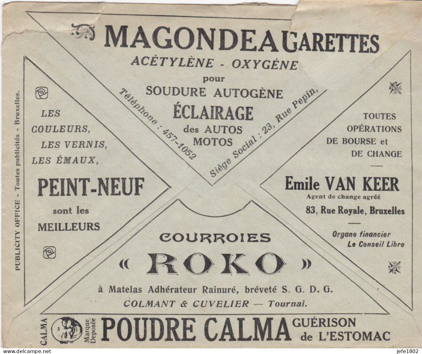 Poudre CALMA Guérison De L'Estomac / Courroies ROKO / Eclairage Des Autos Motos - Briefkaarten 1934-1951