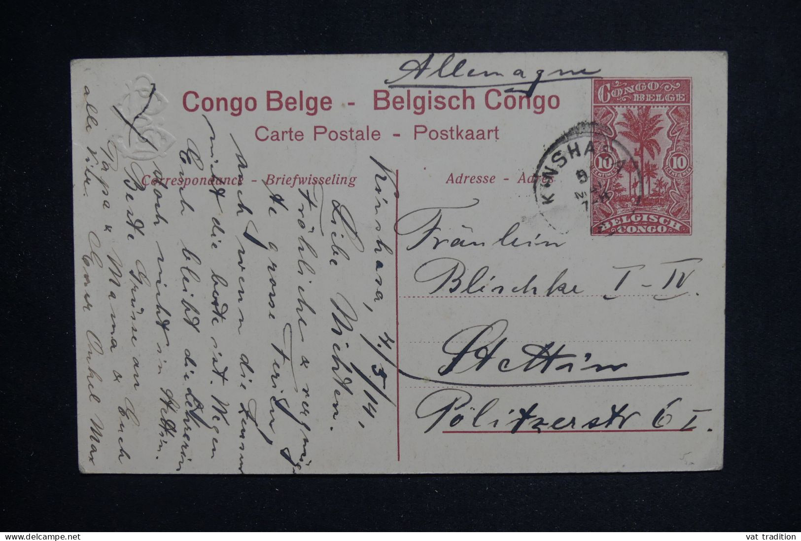 CONGO BELGE - Entier Postal Illustré, De Kinshasa  Pour Stettin En 1914 - L 150462 - Entiers Postaux