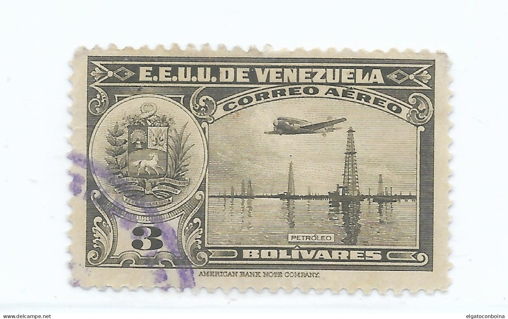 VENEZUELA 1938 OIL WELLS AIRPLANE COAT 3 B GRAY USED SCOTT C109 MI 280 - Venezuela