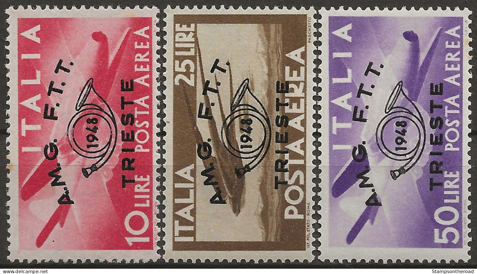 TZAA17-19L1 - 1948 Trieste Zona A, Sass. Nr. 17/19, P.A., Serie Cpl. Di 3 Francobolli Nuovi Con Traccia Di Linguella */ - Poste Aérienne