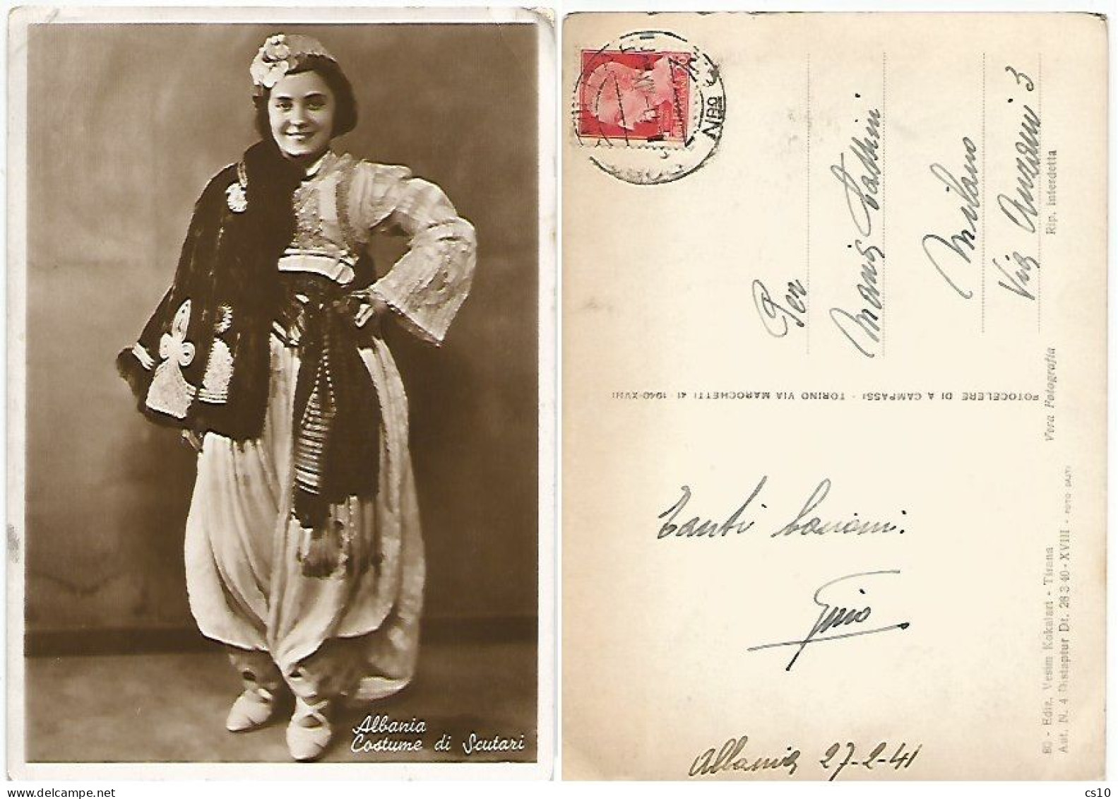 Albania Shqiperia Typical Costume Of Scutari Shkodra B/w Pcard 27feb1941 Posta Militare N.62 - Albanie