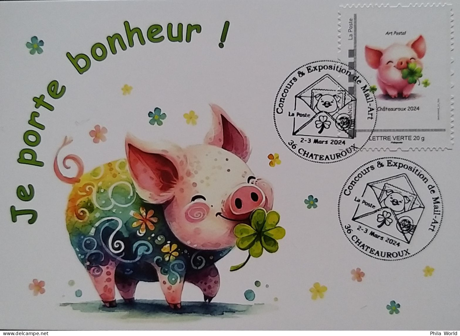 CP CPM COCHON Je Porte Bonheur Timbre à Moi Art Postal CHATEAUROUX 2024 Concours Exposition Mail Art Pig Schwein AK PC - Schweine