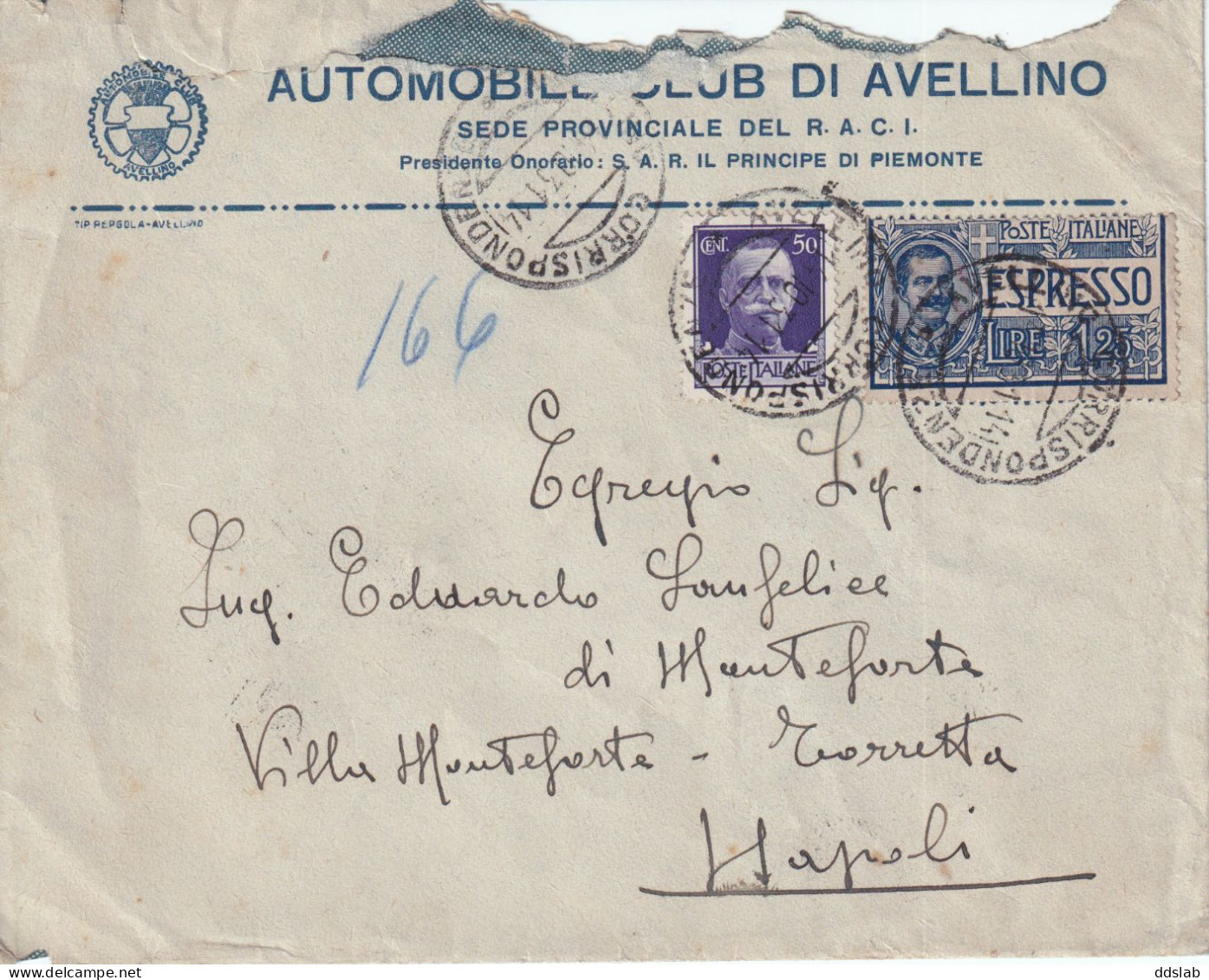 14/10/1931 - Busta Espresso Da Automobile Club Avellino A Napoli - Annullo Arrivo Posta Pneumatica Napoli - Posta Espresso