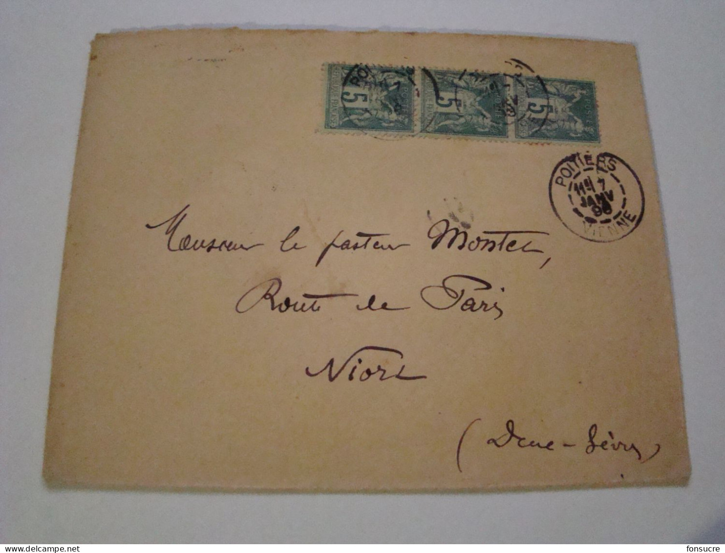 O4111 France Enveloppe Avec N°75 SAGE 5c Bande Verticale De 3  Poitiers Pour Niort 7 Janv 1898 - 1898-1900 Sage (Type III)