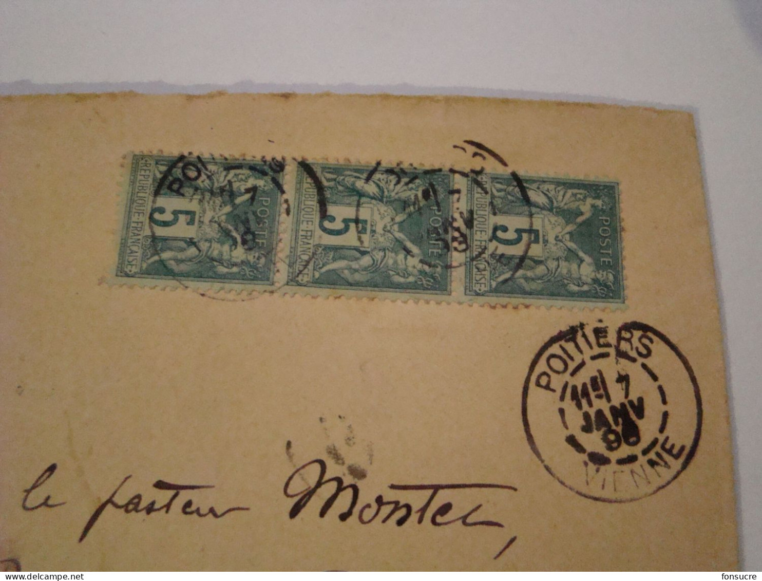 O4111 France Enveloppe Avec N°75 SAGE 5c Bande Verticale De 3  Poitiers Pour Niort 7 Janv 1898 - 1898-1900 Sage (Type III)