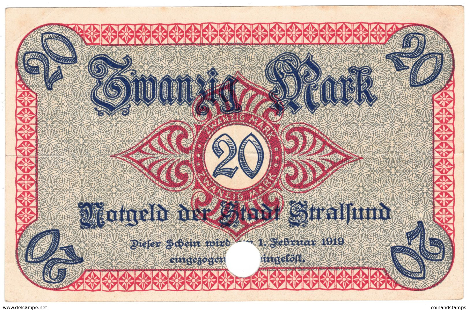 Stralsund 20 Mark 21.10.1918 Schwarze Kenn Nr.16924(5stellig), Entwertet, II- - 20 Mark