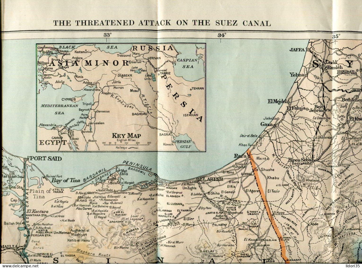 "THE THREATENED ATTACK ON THE SUEZ CANAL" 1916,Landkarte, Groesse 50x34 Cm (L0010) - Topographische Kaarten