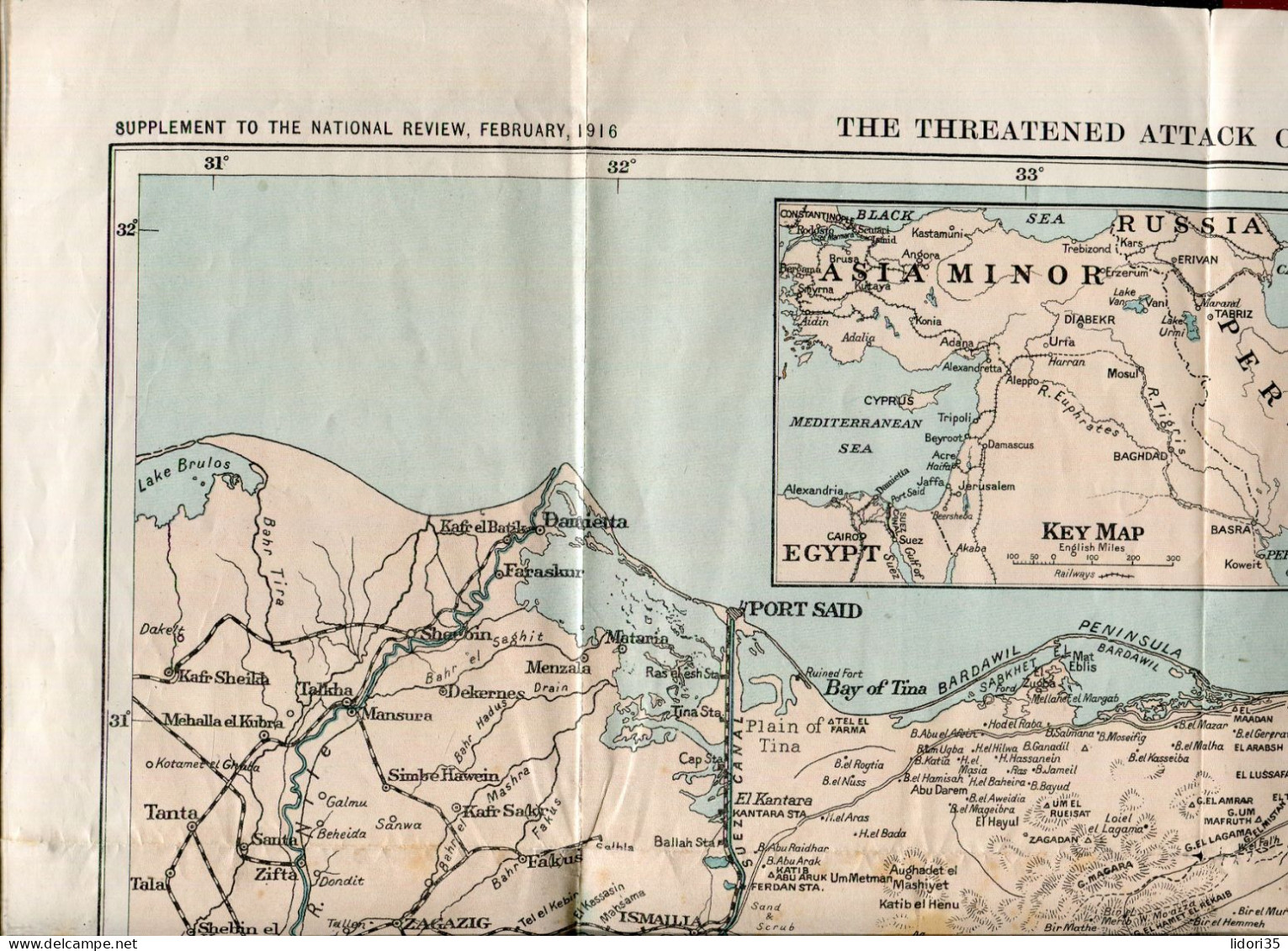 "THE THREATENED ATTACK ON THE SUEZ CANAL" 1916,Landkarte, Groesse 50x34 Cm (L0010) - Topographische Kaarten