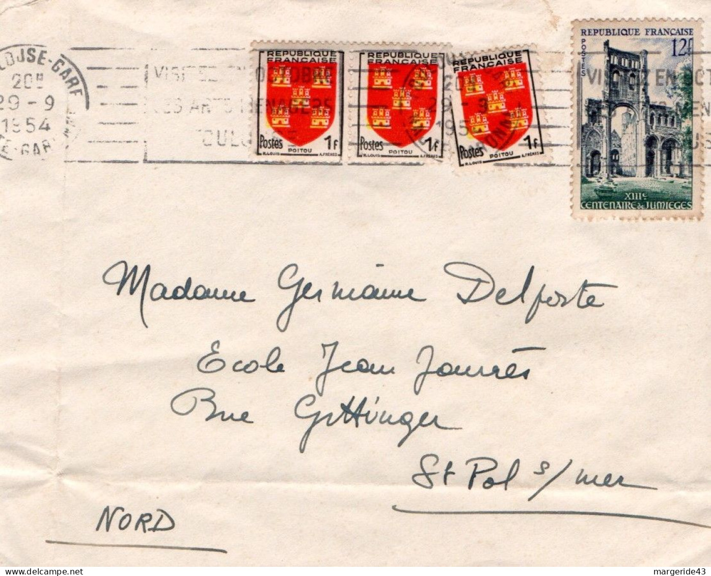 AFFRANCHISSEMENT COMPOSE SUR LETTRE DE TOULOUSE GARE 1954 - Postal Rates