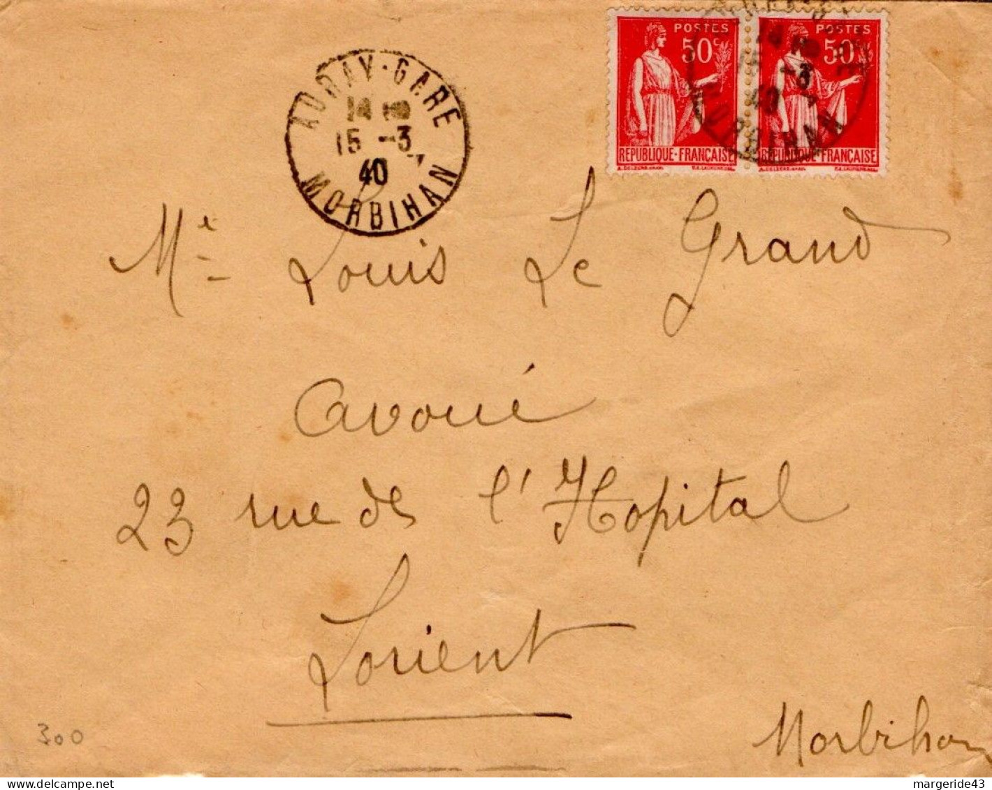 AFFRANCHISSEMENT COMPOSE SUR LETTRE DE AURAY GARE MORBIHAN 1940 - Posttarieven