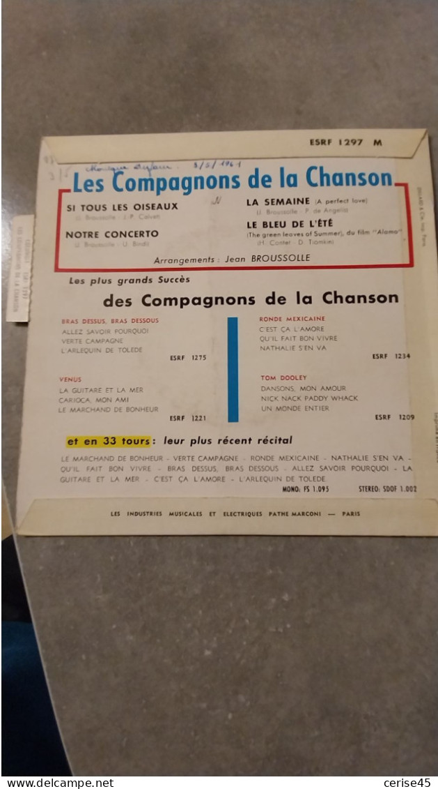 45 TOURS LES COMPAGNONS DE LA CHANSON LE BLEU DE L ETE - Andere - Franstalig