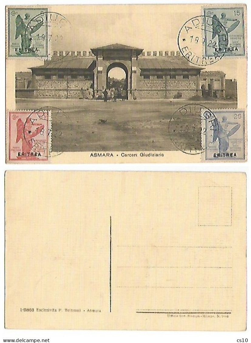 Asmara Eritrea Carceri Giudiziarie Prison Jail B/w Pcard With Vittoria Cpl 4v Set Annullo ADIUGRI 18JUL1922 - PERFETTA - Sammlungen