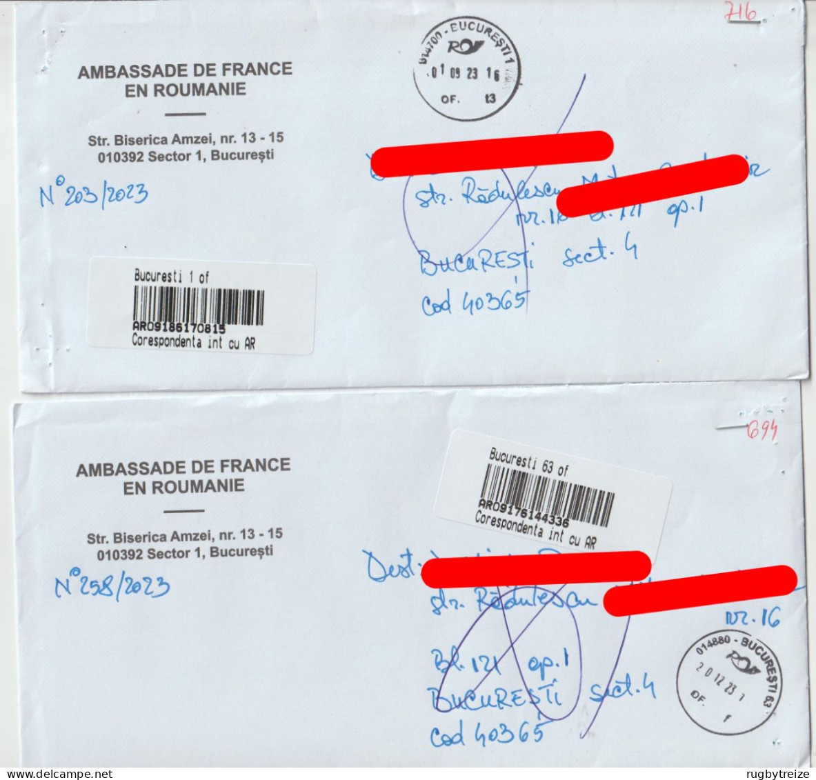 7657 - 2 LETTRES COVER 2023 RTS NPAI RETURN TO SENDER PO Retour à L'envoyeur ROUMANIE ROMANIA CODE BARRE - Brieven En Documenten