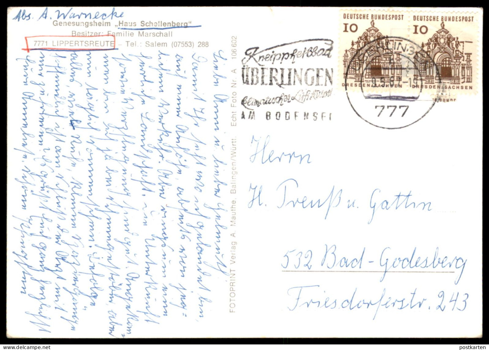 ÄLTERE POSTKARTE LIPPERTSREUTE GASTHOF PENSION GENESUNGSHEIM SCHELLENBERG FAMILIE MARSCHALL SALEM Ansichtskarte Postcard - Salem