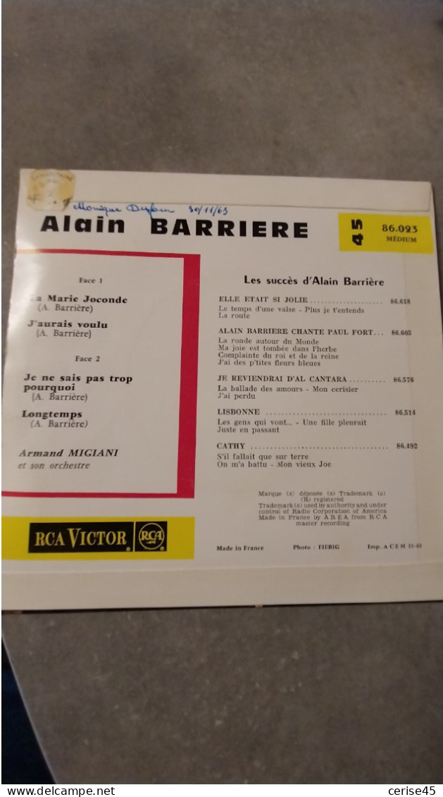 45 TOURS Alain Barriere ..LA MARIE JOCOND + 3 TITRES - Andere - Franstalig