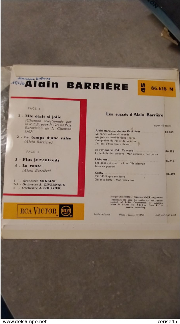 45 TOURS Alain Barriere ..ELLE ETAIT SI JOLIE 1963 - Andere - Franstalig