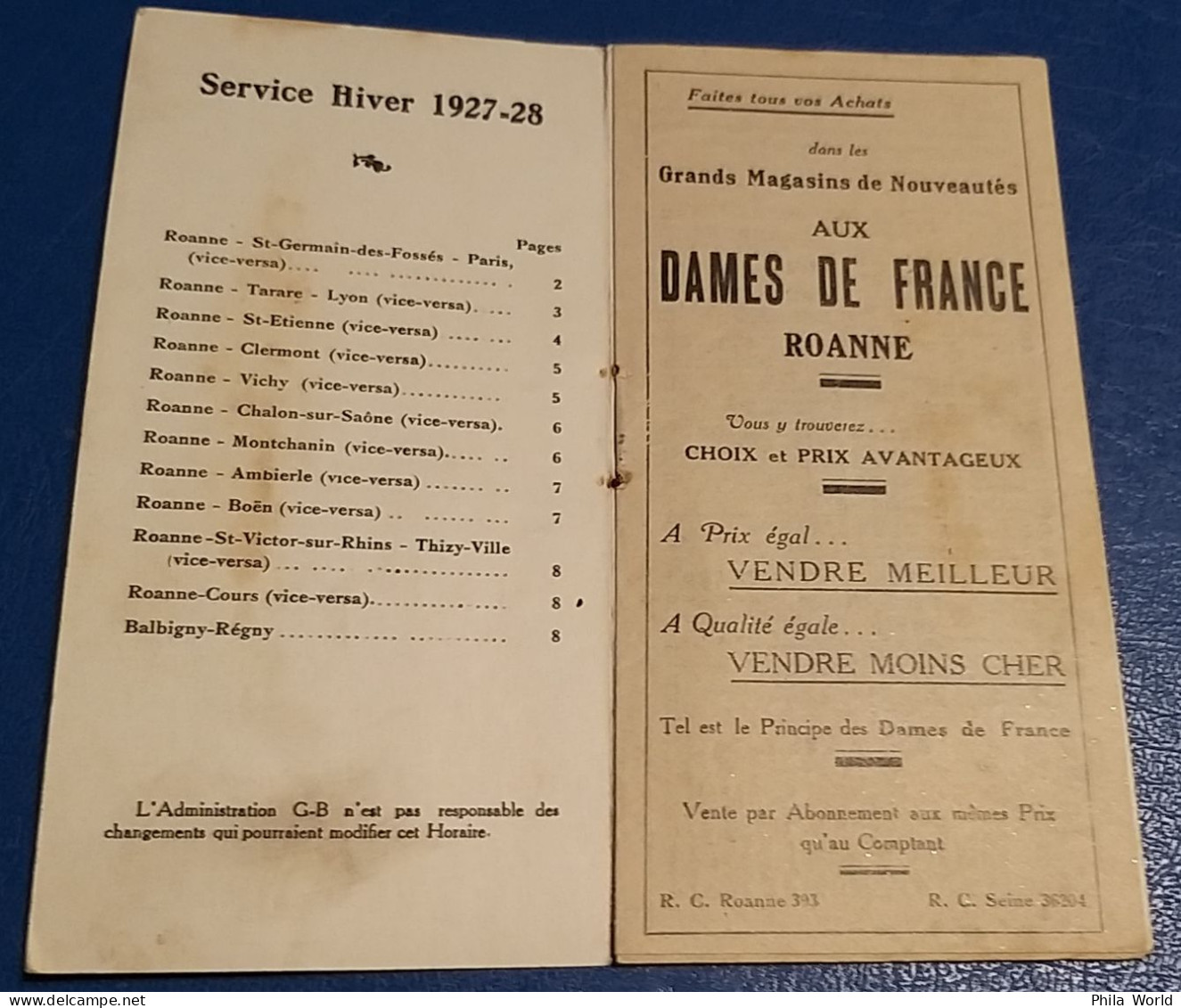 Horaire CHEMINS FER PLM P.L.M. Et CENTRE Service Hiver 1927 1928 Roanne Tarare Lyon St Etienne Vichy Clermont Chalon - Europe