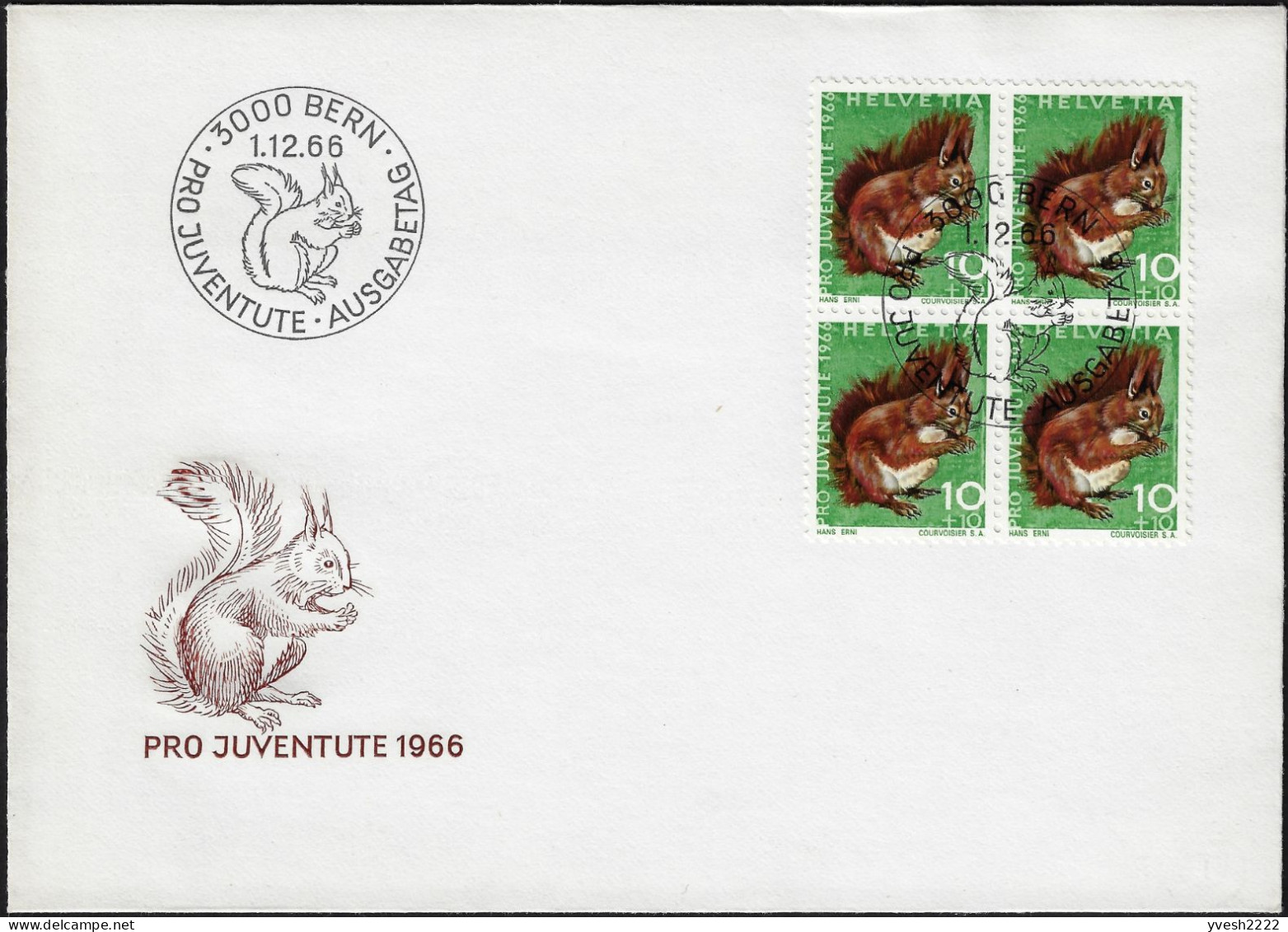 Suisse 1966 Y&T 779 En Bloc De 4 Sur FDC. Pour La Jeunesse. Écureuil - Rongeurs