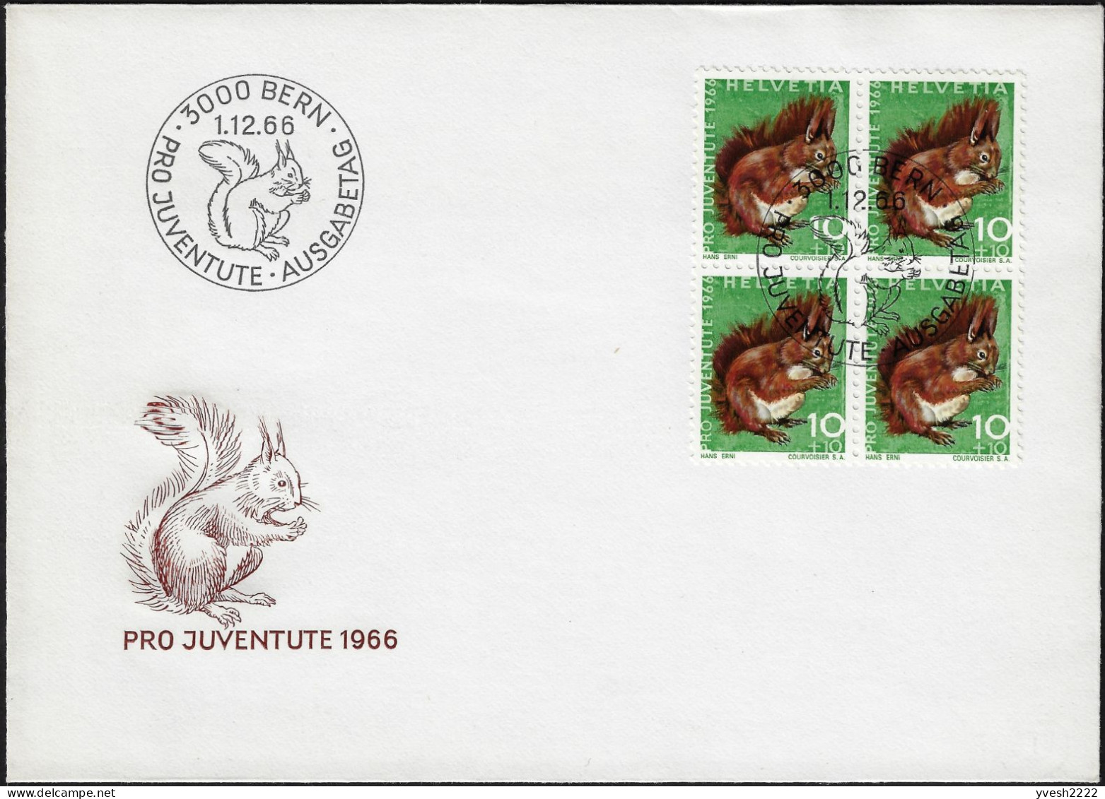 Suisse 1966 Y&T 779 En Bloc De 4 Sur FDC. Pour La Jeunesse. Écureuil - Nager