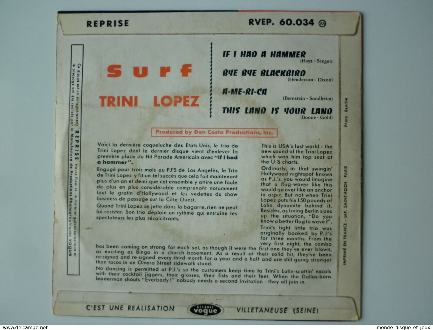 Trini Lopez ‎/ Surf 45Tours EP Vinyle If I Had A Hammer - 45 T - Maxi-Single
