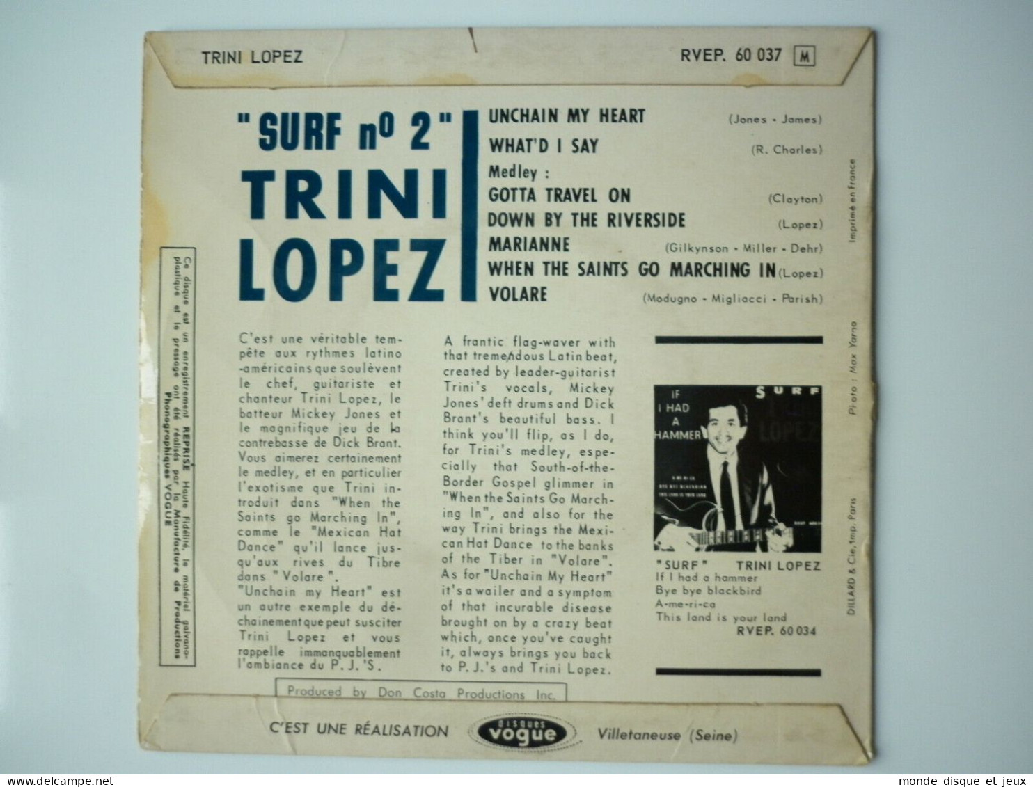Trini Lopez ‎/ Surf 45Tours EP Vinyle N°2 Unchain My Heart - 45 T - Maxi-Single
