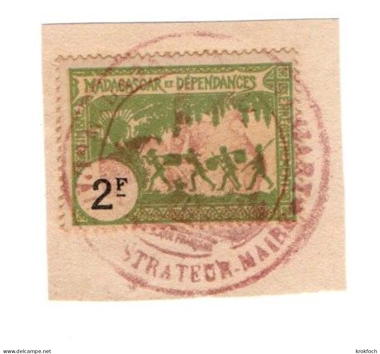 Madagascar - Timbres Fiscaux : Timbre Enregistremen2 F Verts Sur Fragment - Marque Cachet Rouge - Fiscal - Autres & Non Classés