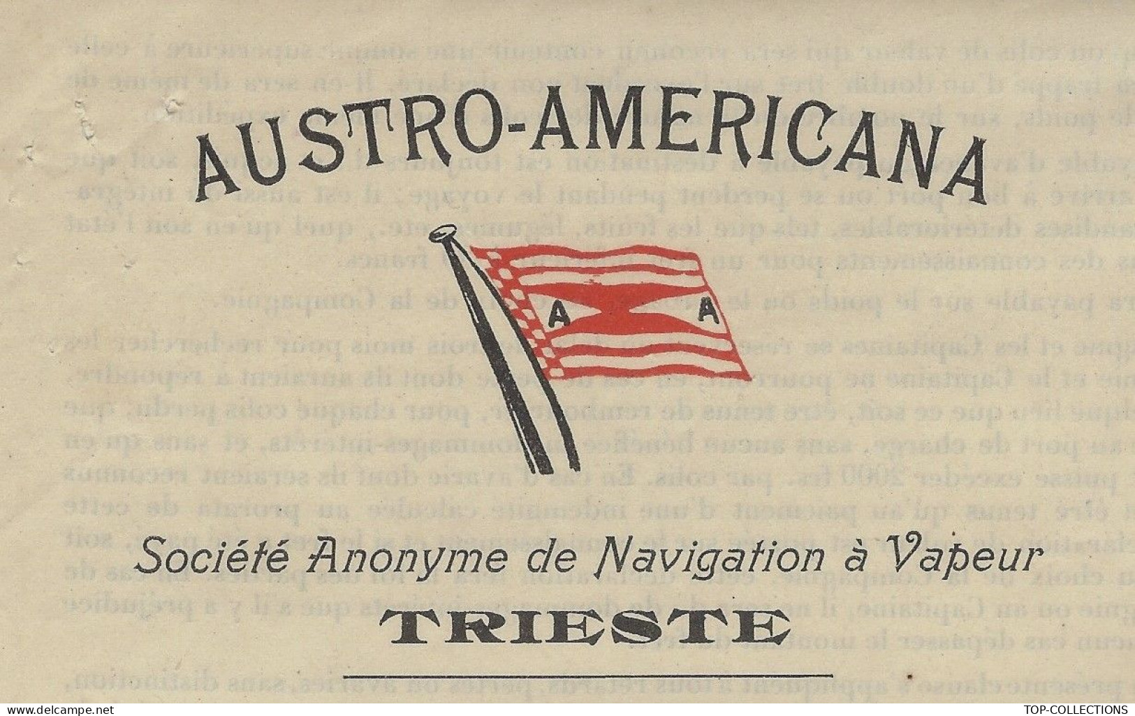 1919 CONNAISSEMENT BILL OF LADING NAVIGATION  CIE AUSTRO AMERICANA Trieste  FRANCE ANTILLES Pointe à Pitre => Marseille - 1900 – 1949