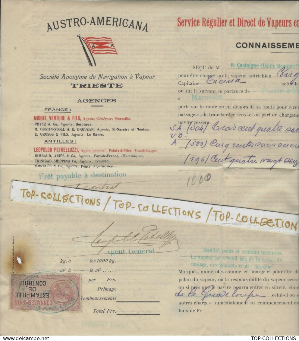 1919 CONNAISSEMENT BILL OF LADING NAVIGATION  CIE AUSTRO AMERICANA Trieste  FRANCE ANTILLES Pointe à Pitre => Marseille - 1900 – 1949