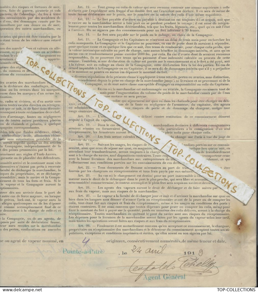 1919 CONNAISSEMENT BILL OF LADING NAVIGATION  CIE AUSTRO AMERICANA Trieste  FRANCE ANTILLES Pointe à Pitre => Marseille - 1900 – 1949