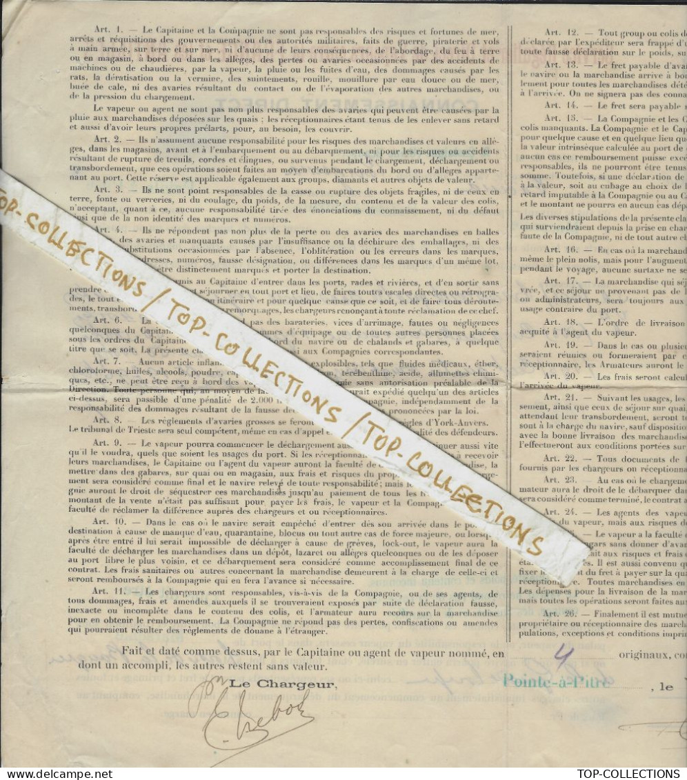 1919 CONNAISSEMENT BILL OF LADING NAVIGATION  CIE AUSTRO AMERICANA Trieste  FRANCE ANTILLES Pointe à Pitre => Marseille - 1900 – 1949