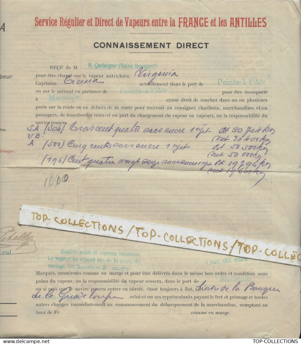 1919 CONNAISSEMENT BILL OF LADING NAVIGATION  CIE AUSTRO AMERICANA Trieste  FRANCE ANTILLES Pointe à Pitre => Marseille - 1900 – 1949