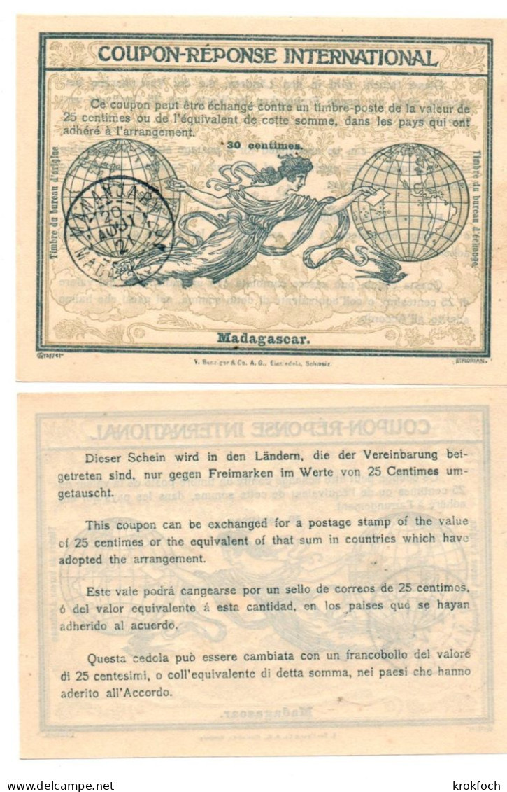 Madagascar - Coupon-réponse Type Ro4 - Oblit. Mananjary 1921 - état ** - CRI IRC IAS - Autres & Non Classés