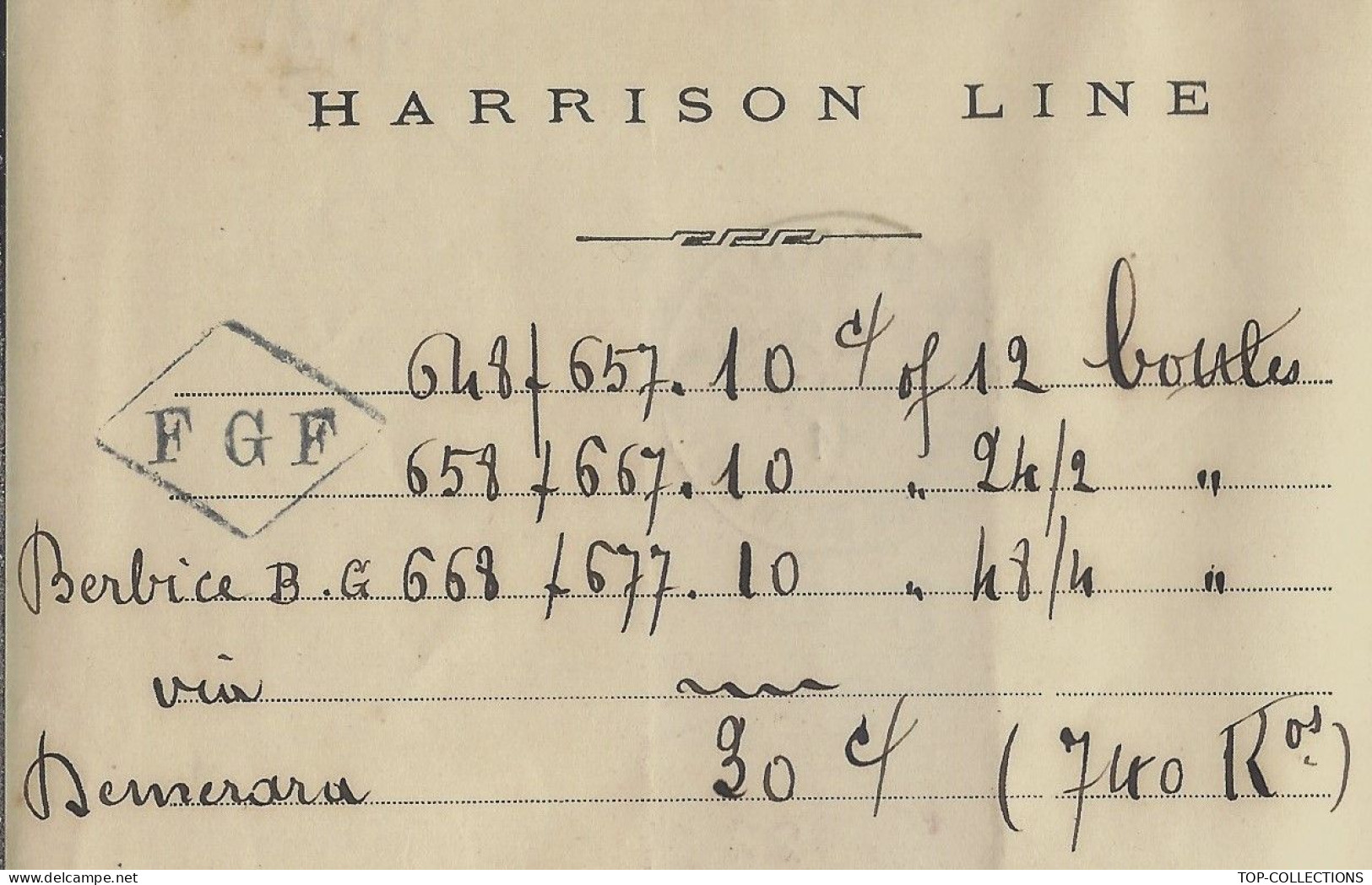 1911 CONNAISSEMENT BILL OF LADING Harrison Line Tonnay Charente (Charente)  Cognac => Liverpool Puis Demerara (Guyana) - 1900 – 1949