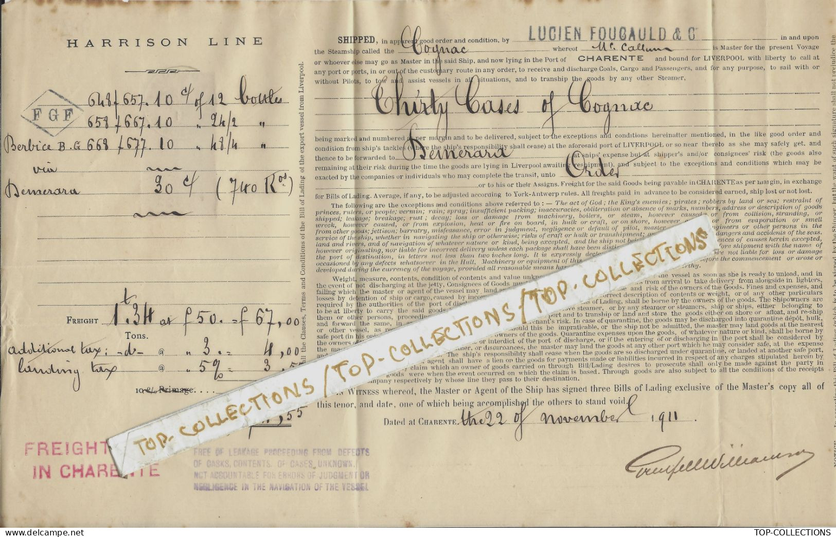 1911 CONNAISSEMENT BILL OF LADING Harrison Line Tonnay Charente (Charente)  Cognac => Liverpool Puis Demerara (Guyana) - 1900 – 1949