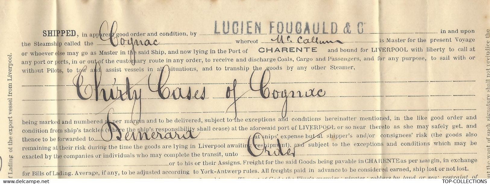 1911 CONNAISSEMENT BILL OF LADING Harrison Line Tonnay Charente (Charente)  Cognac => Liverpool Puis Demerara (Guyana) - 1900 – 1949