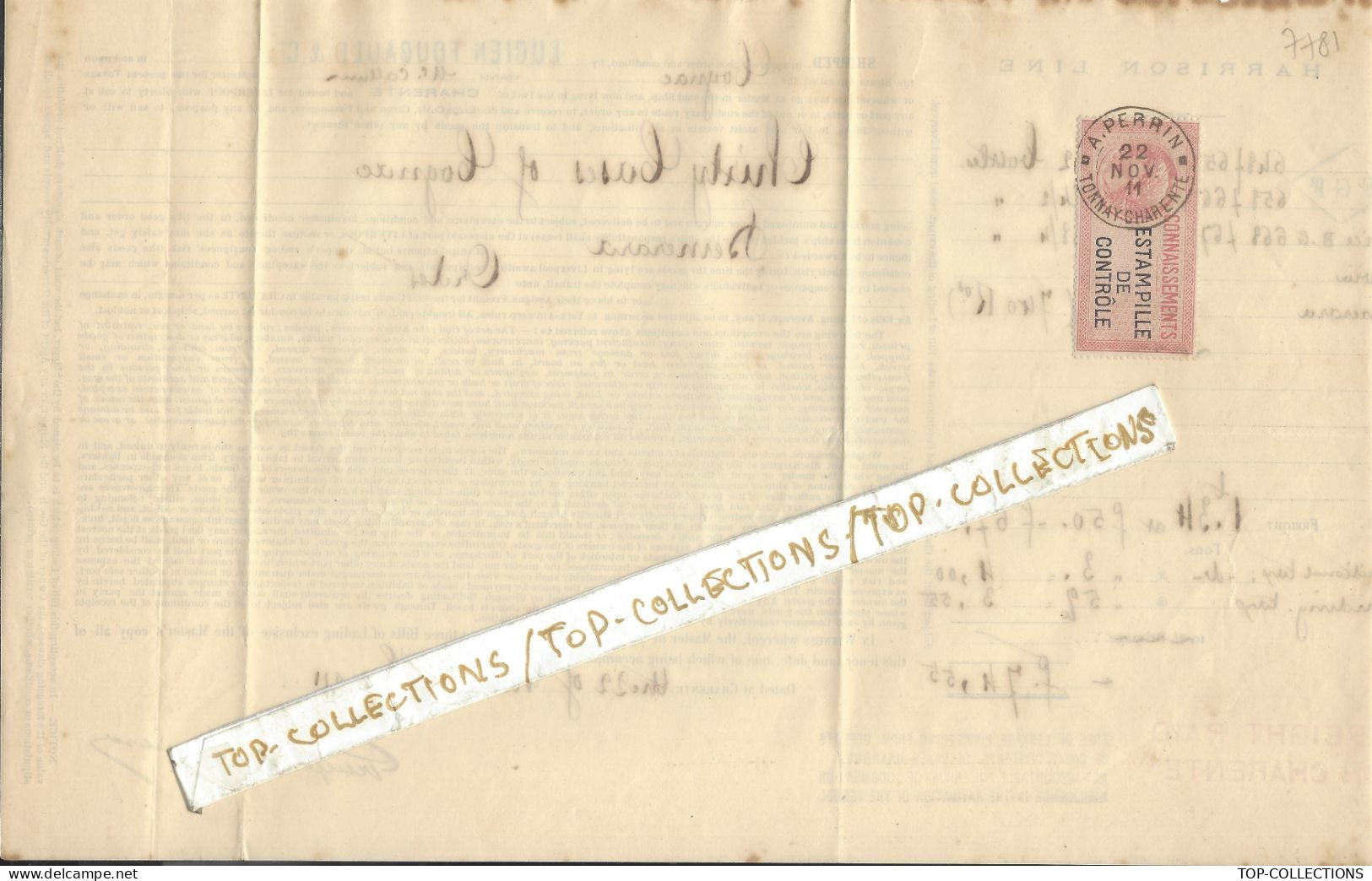 1911 CONNAISSEMENT BILL OF LADING Harrison Line Tonnay Charente (Charente)  Cognac => Liverpool Puis Demerara (Guyana) - 1900 – 1949