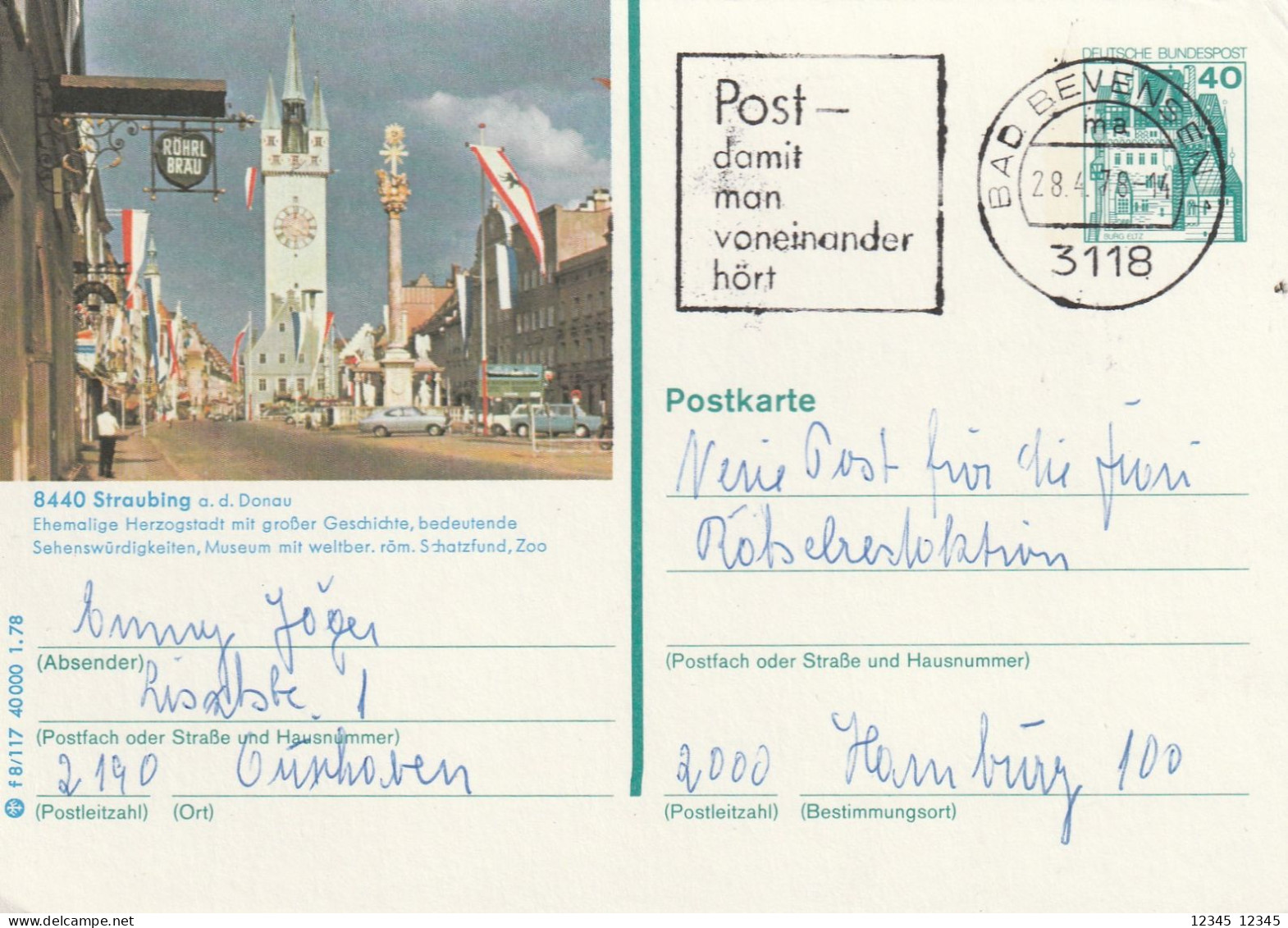 Postcard Straubing A.d. Donau, Stamped Bad Bevensen - Cartes Postales Illustrées - Oblitérées