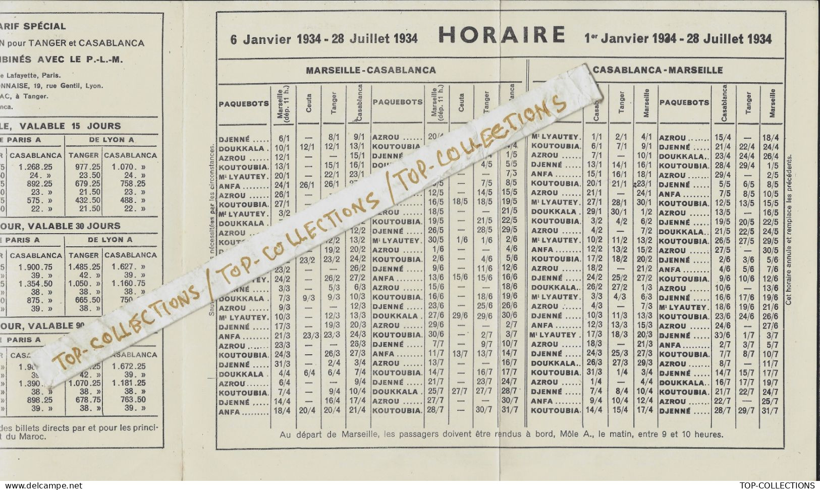 ENTREPRISES COLONIALES DEPLIANT COMPAGNIE NAVIGATION PAQUET MARSEILLE  ITINERAIRES ET HORAIRES Lignes Maroc 1934 V.HIST. - 1900 – 1949