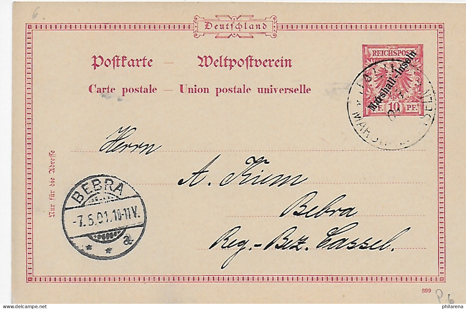 Ganzsache MiNr. D6, Jaluit Nach Bebra/Kassel, 1906, Rückseite Blanko - Marshalleilanden