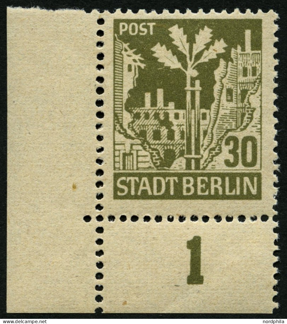 BERLIN UND BRANDENBURG 7AIV **, 1945, 30 Pf. Bräunlicholiv Mit Abart  Eichel Rechts Am Stamm, Pracht, Mi. 30.- - Berlin & Brandebourg