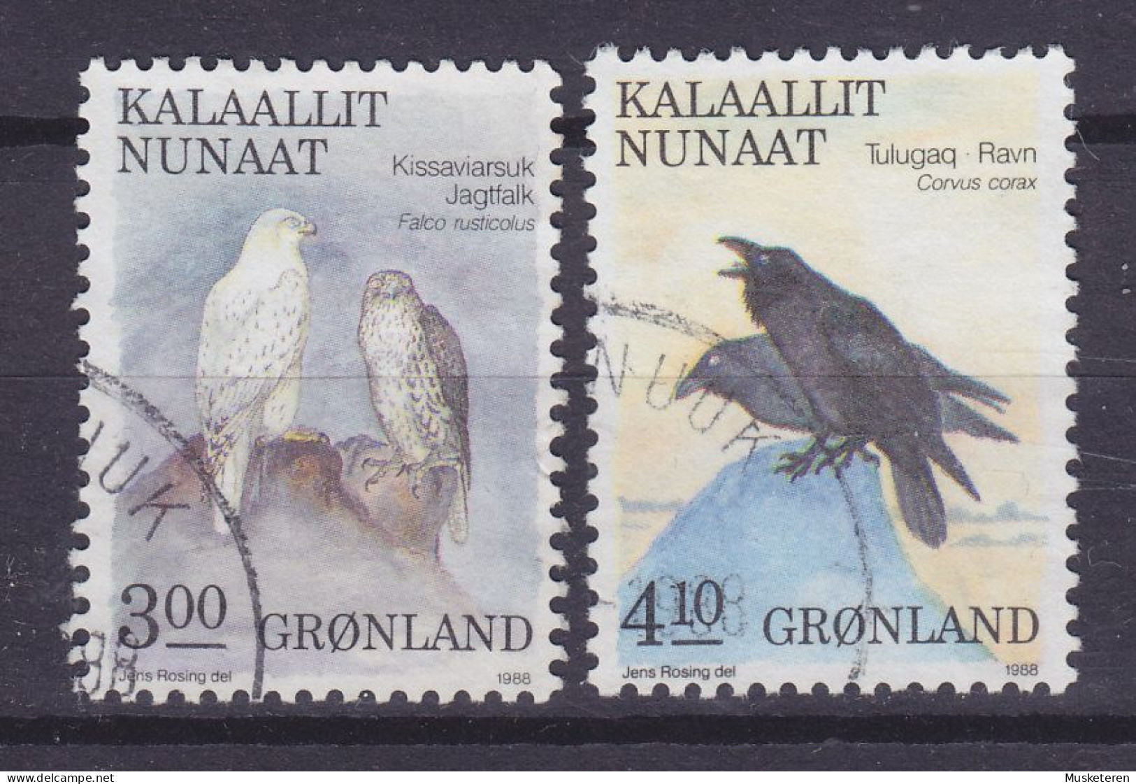 Greenland 1988 Mi. 181-82, 3.00 & 4.10 Kr Bird Vogel Oiseau Gerfalke Falcon & Kolkrabe Raven - Gebruikt