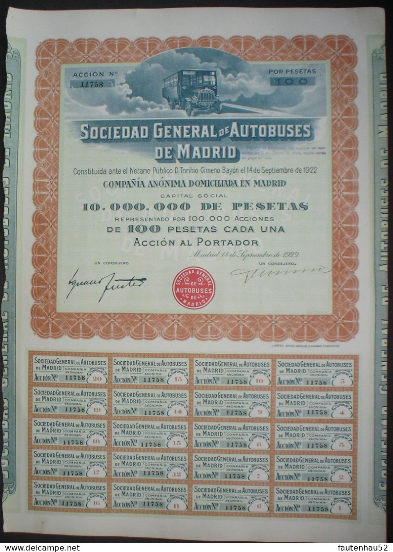 4 X Soc. General De Autobuses De Madrid 100 Ptas. 1922 - Automovilismo