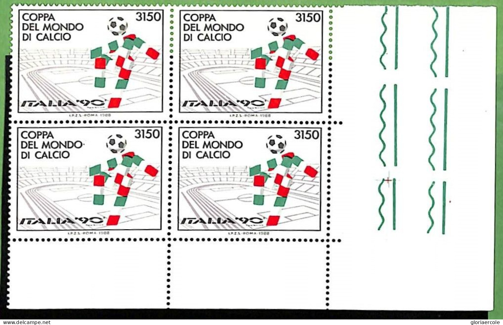 A1199 - ITALY - STAMPS - FOOTBALL  1990 Block Of 4 DOUBLE PRINT ERROR - Raybaudi - Neufs